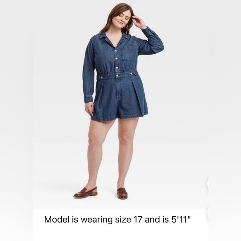 Universal Thread Denim Utility Romper — Snap Front, Cinch Waist, Medium Wash